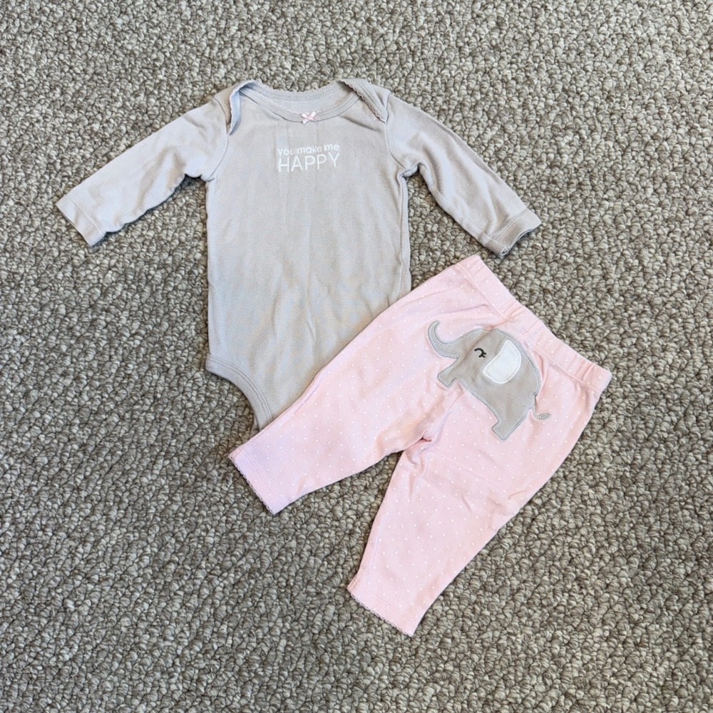 Carters Baby Girl‎ 2 Piece Set Bodysuit Elephant Polka Dot Pants Size 3 Months